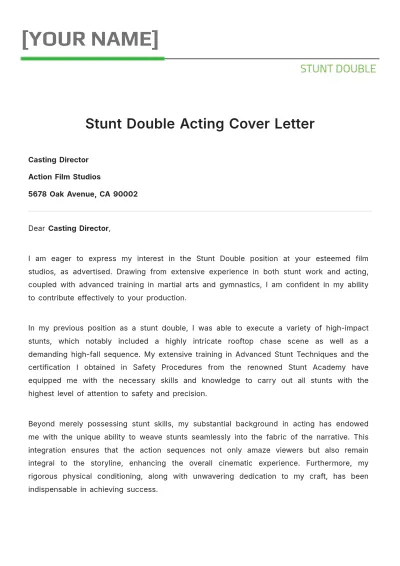 Free Stunt Double Acting Cover Letter to Edit Online