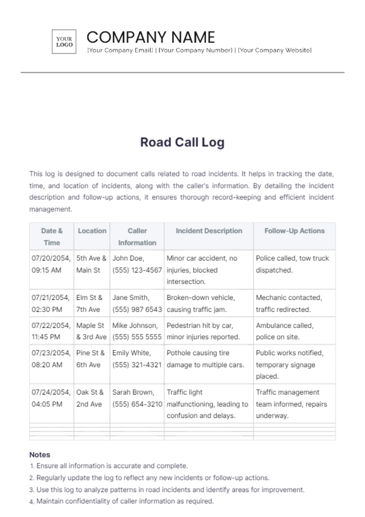 Road Call Log Template - Edit Online & Download