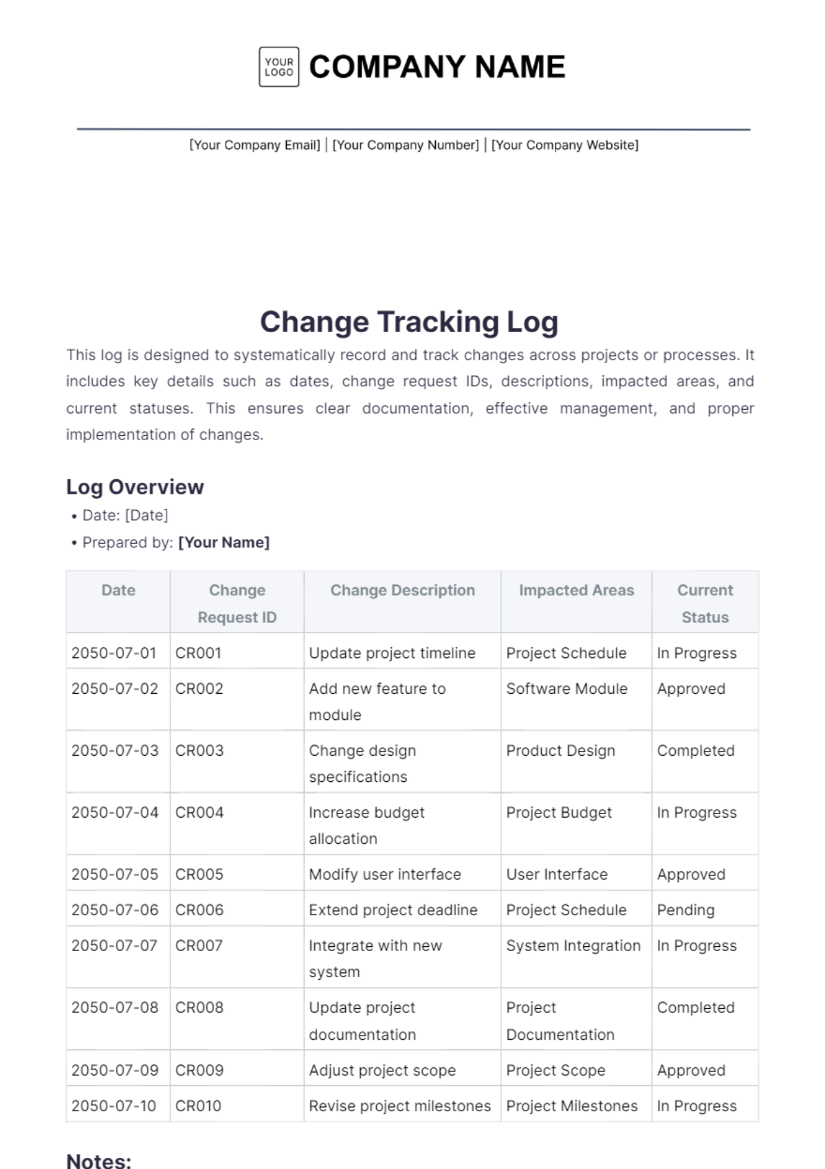 Change Tracking Log Template - Edit Online & Download