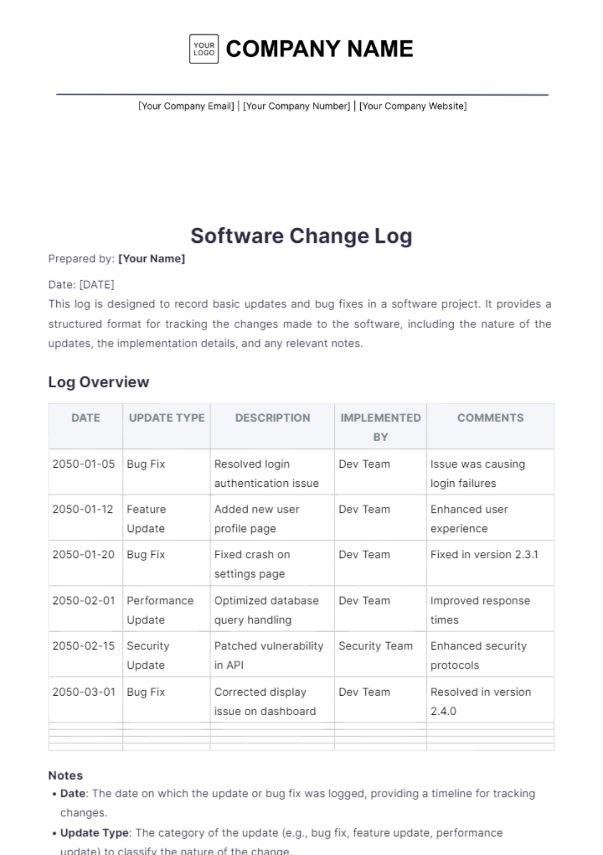 Software Change Log Template - Edit Online & Download