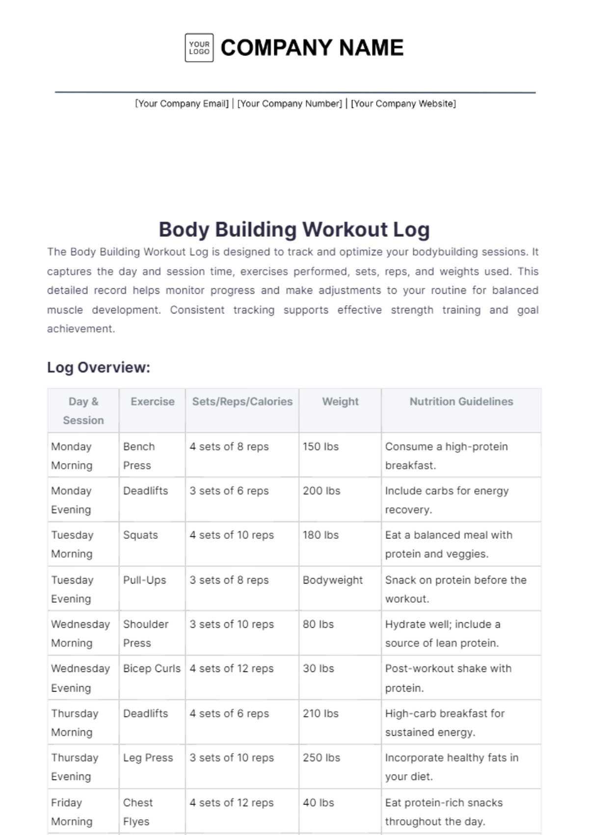 Body Building Workout Log Template - Edit Online & Download