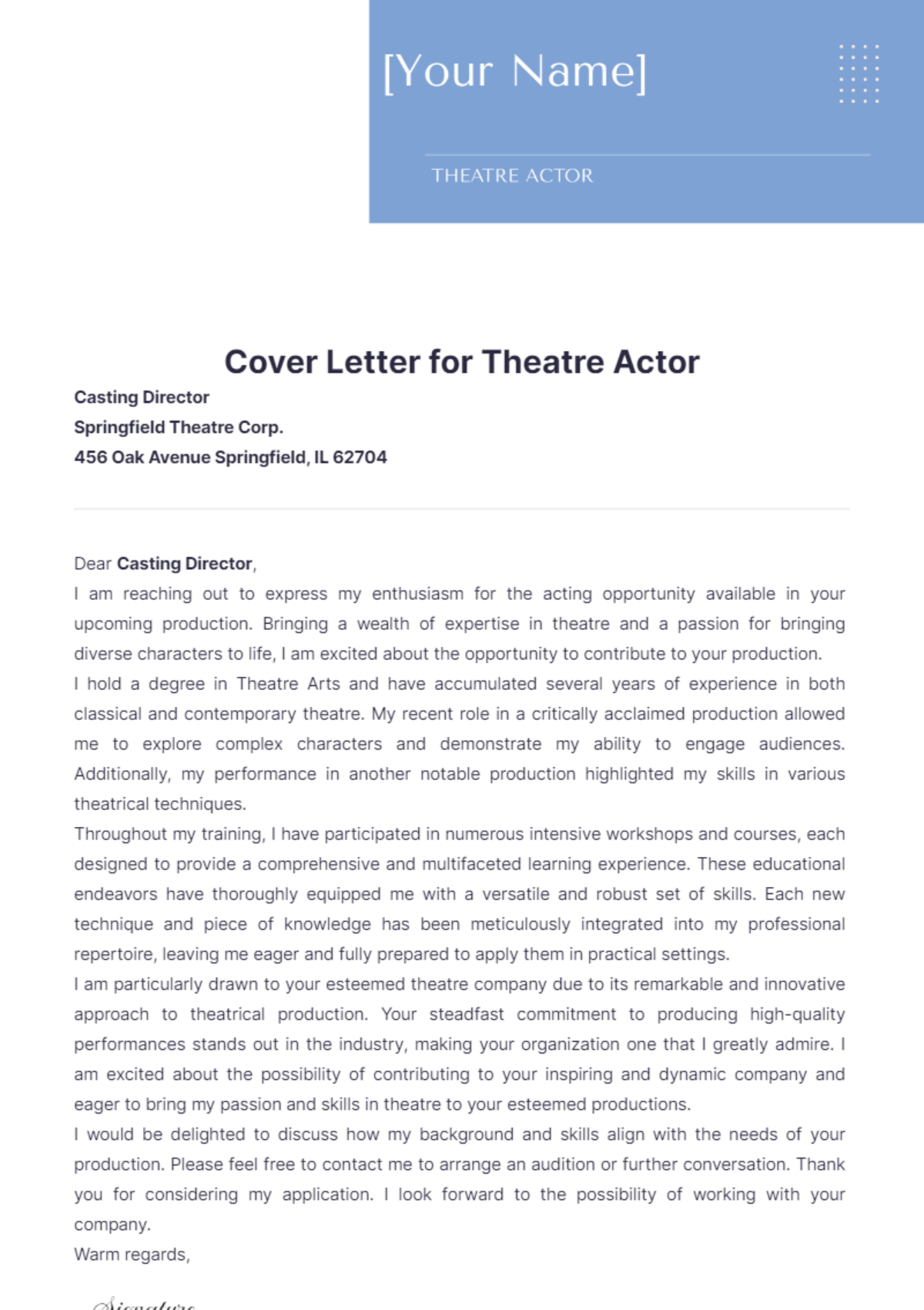 Free Cover Letter for Theatre Actor Template - Edit Online & Download ...