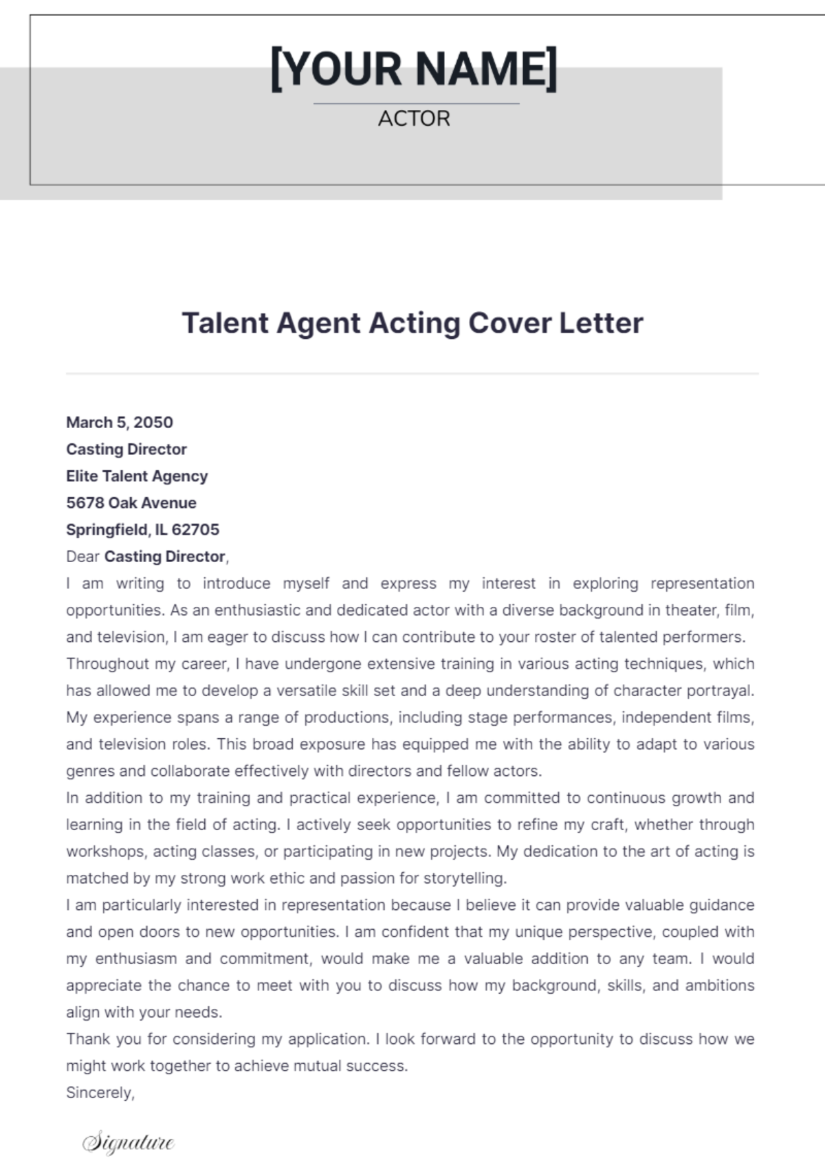 Talent Agent Acting Cover Letter - Edit Online & Download