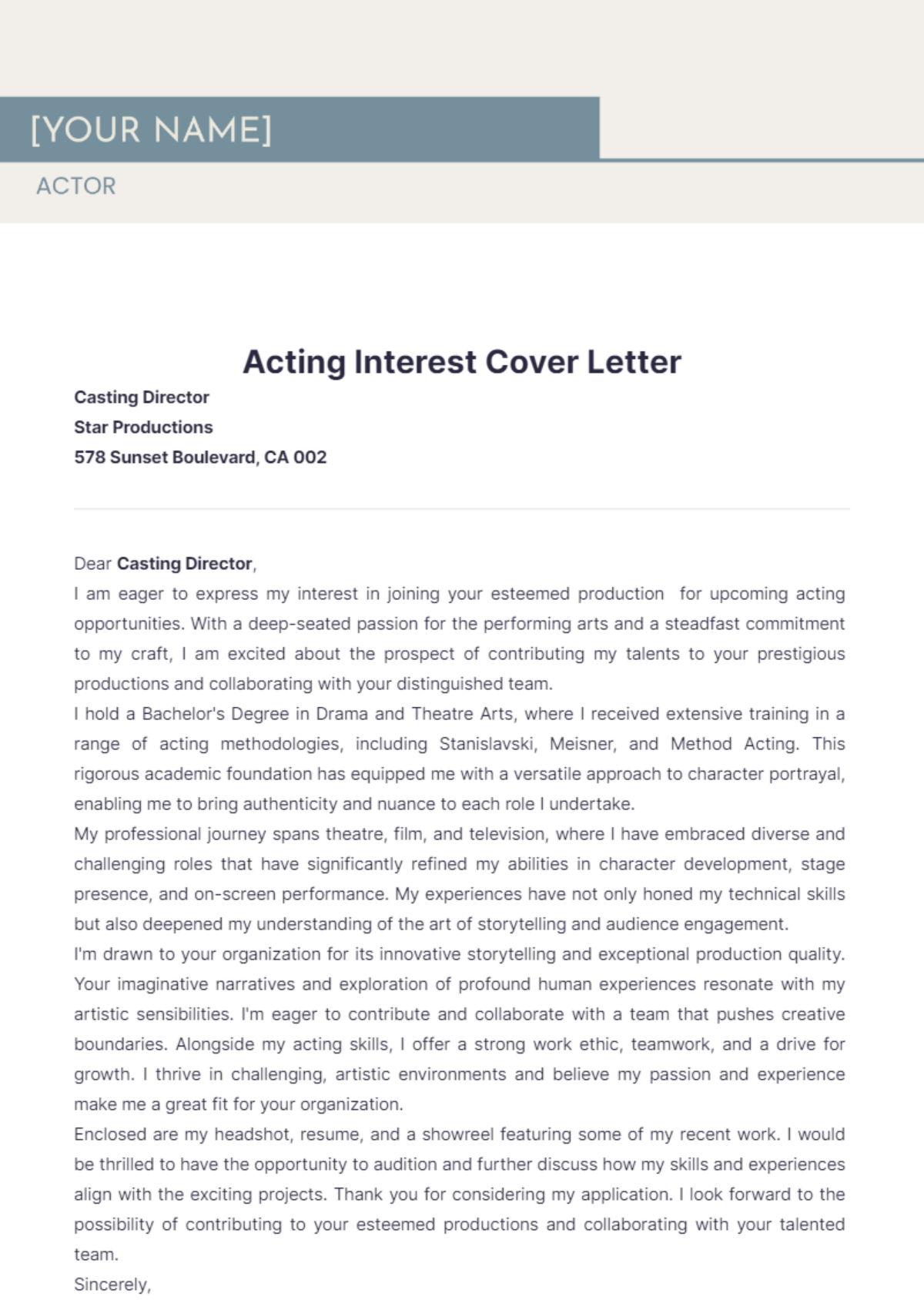 Acting Interest Cover Letter - Edit Online & Download