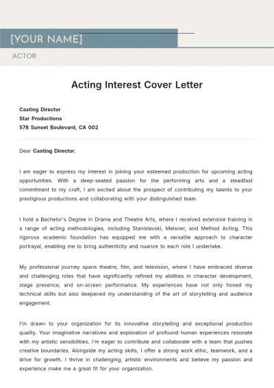 Free Acting Interest Cover Letter to Edit Online