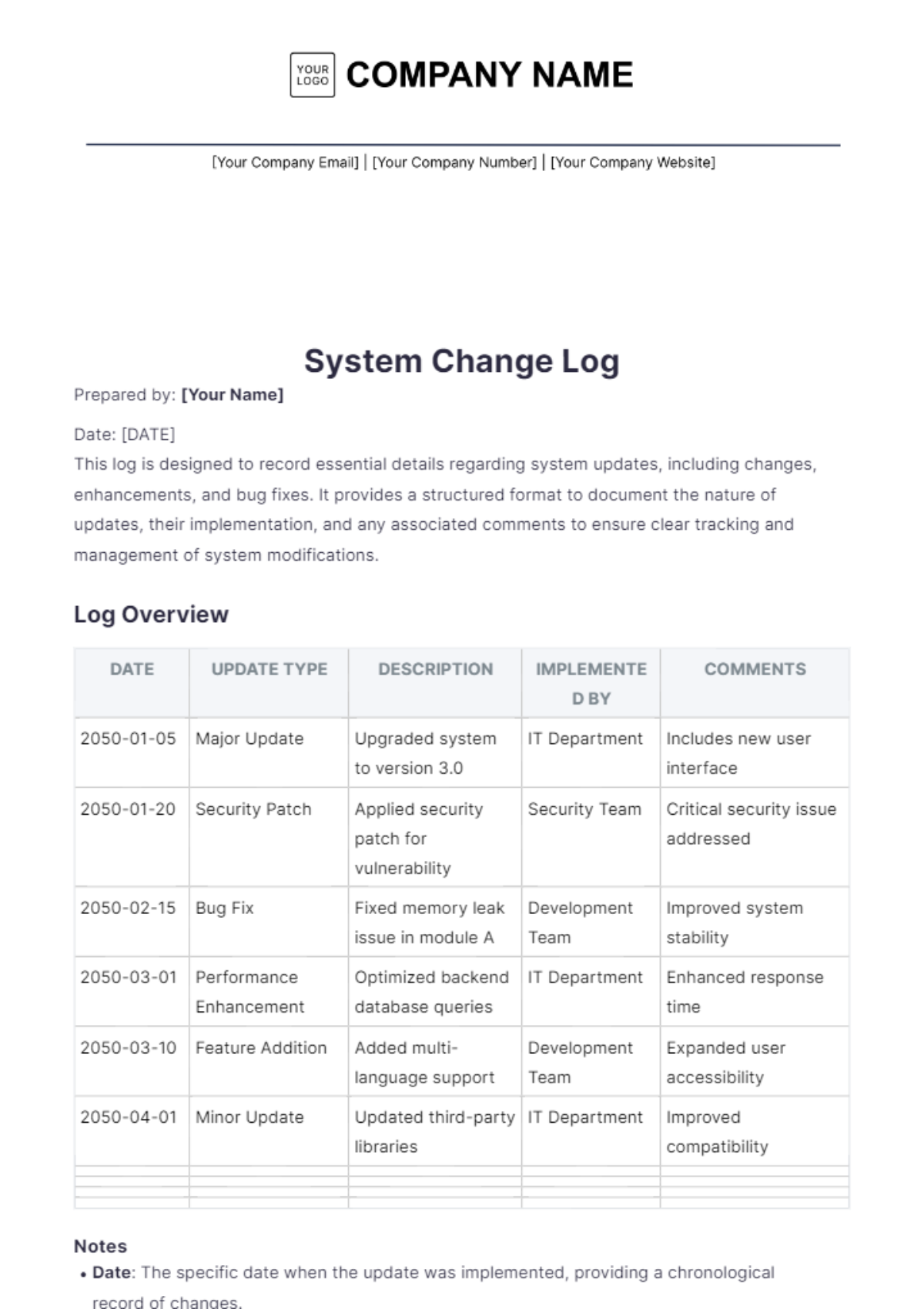 System Change Log Template - Edit Online & Download