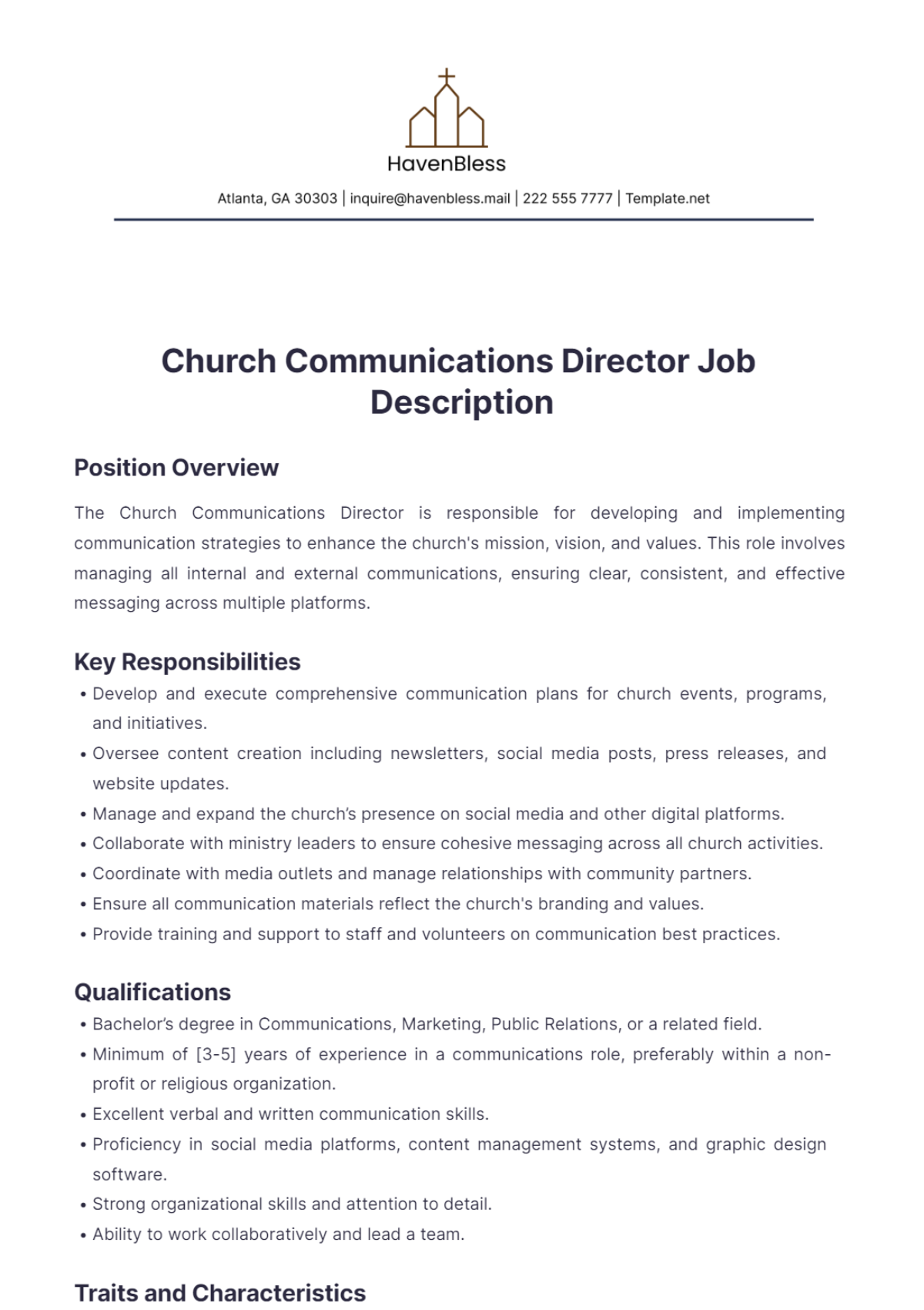 Church Communications Director Job Description Template - Edit Online & Download