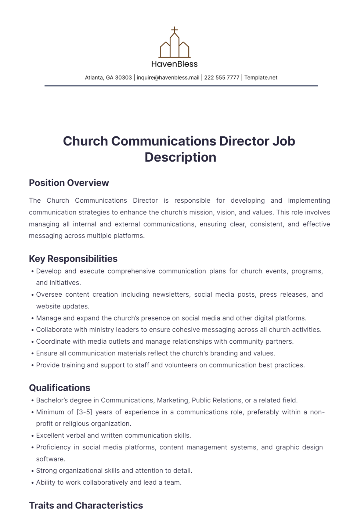 Free Church Communications Director Job Description Template To Edit Online