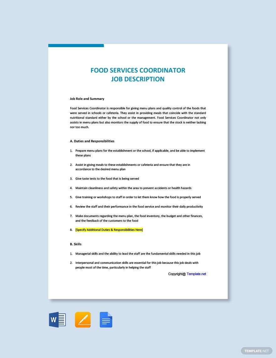 Free Food Service Coordinator Job Ad/Description Template