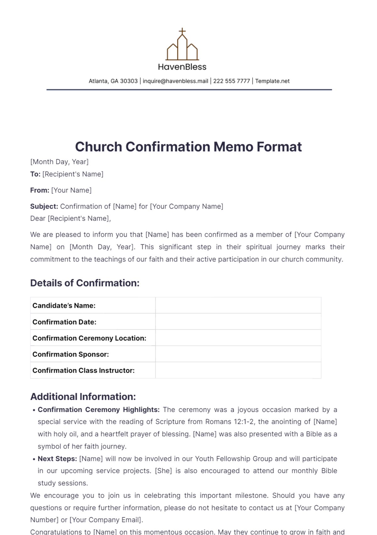 Church Confirmation Memo Format Template - Edit Online & Download