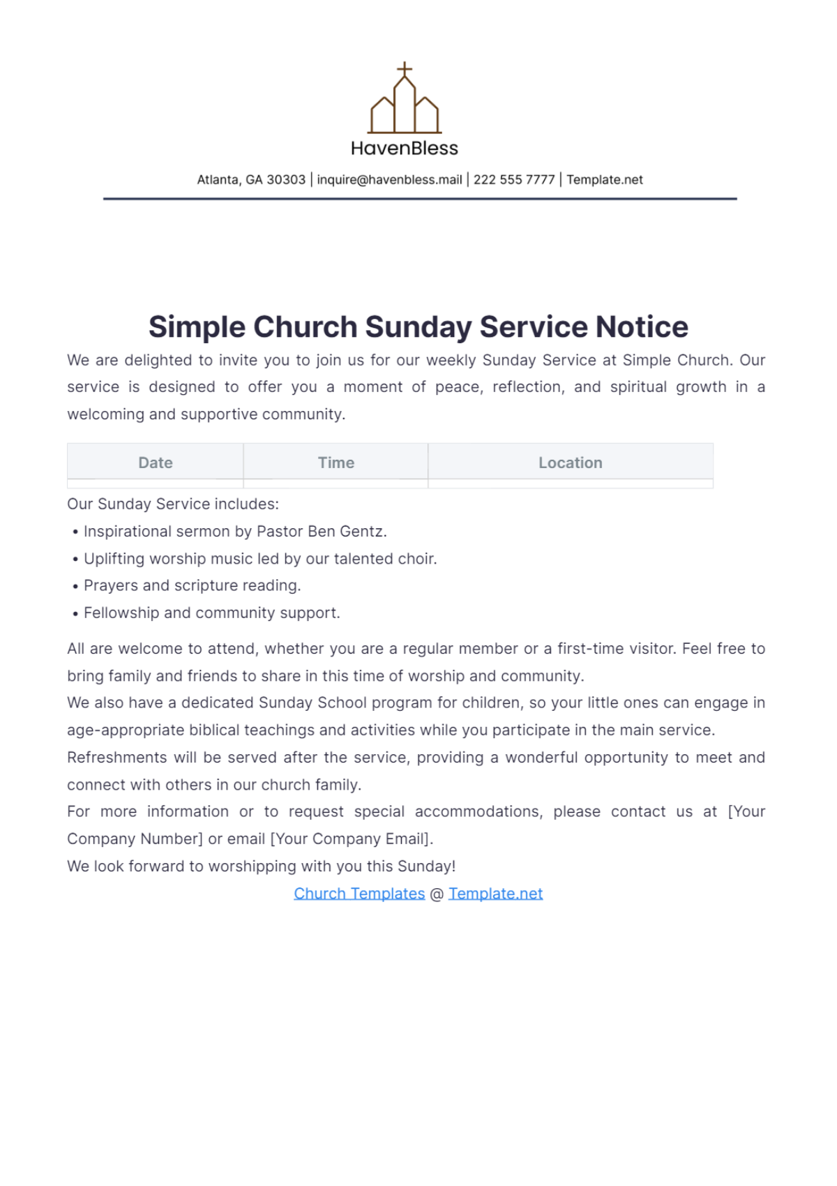 Simple Church Sunday Service Notice Template - Edit Online & Download