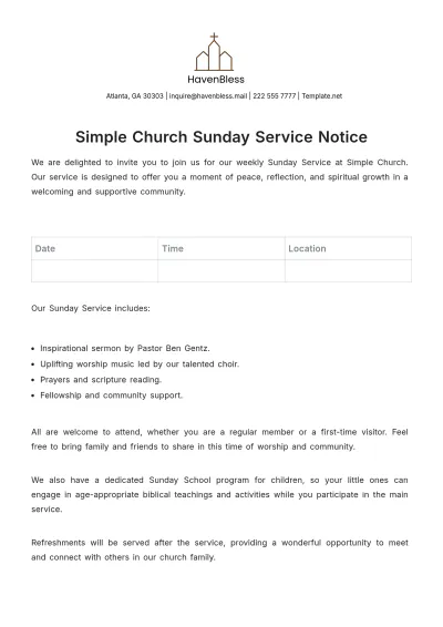 Free Simple Church Sunday Service Notice Template to Edit Online