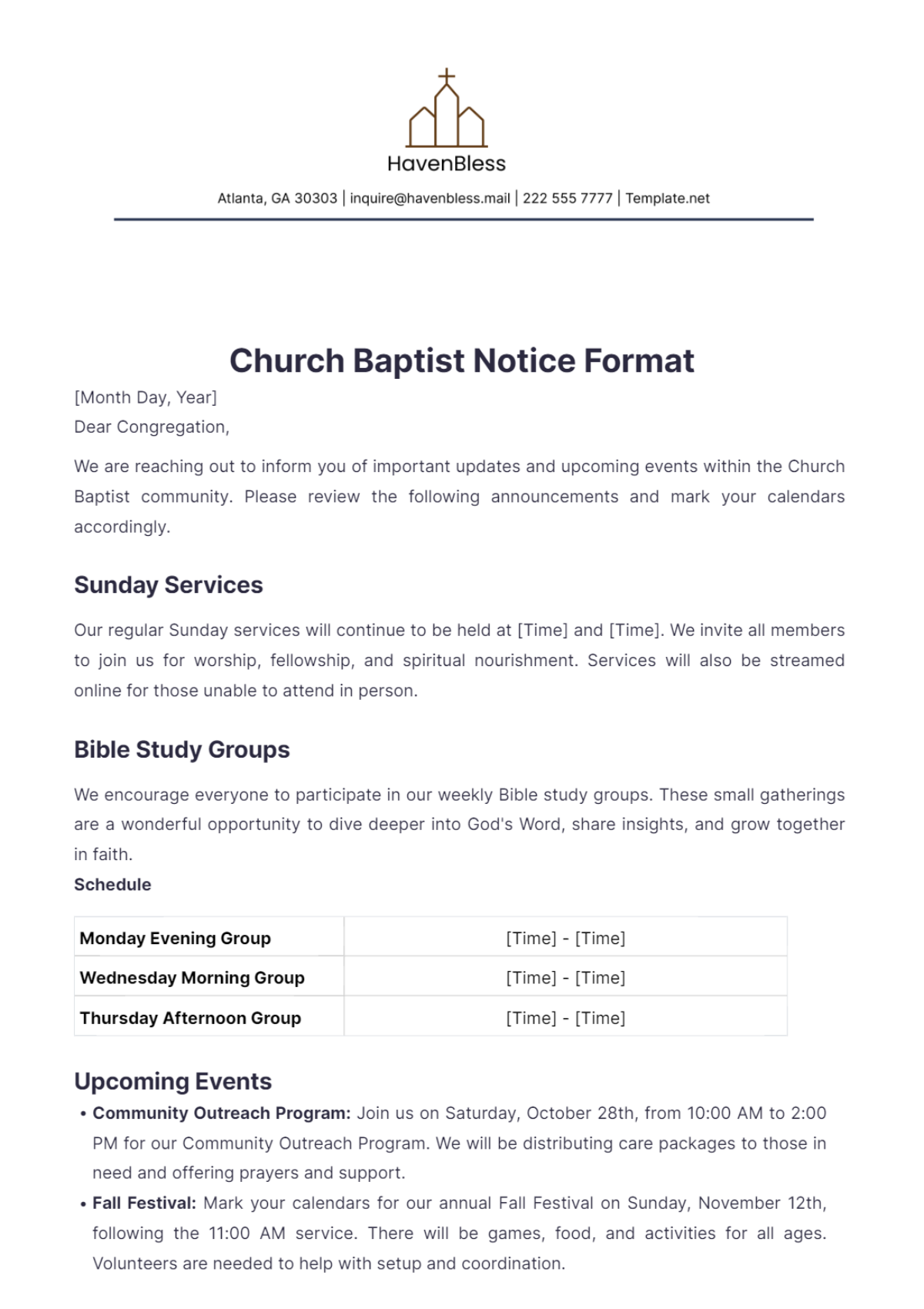 Church Baptist Notice Format Template - Edit Online & Download