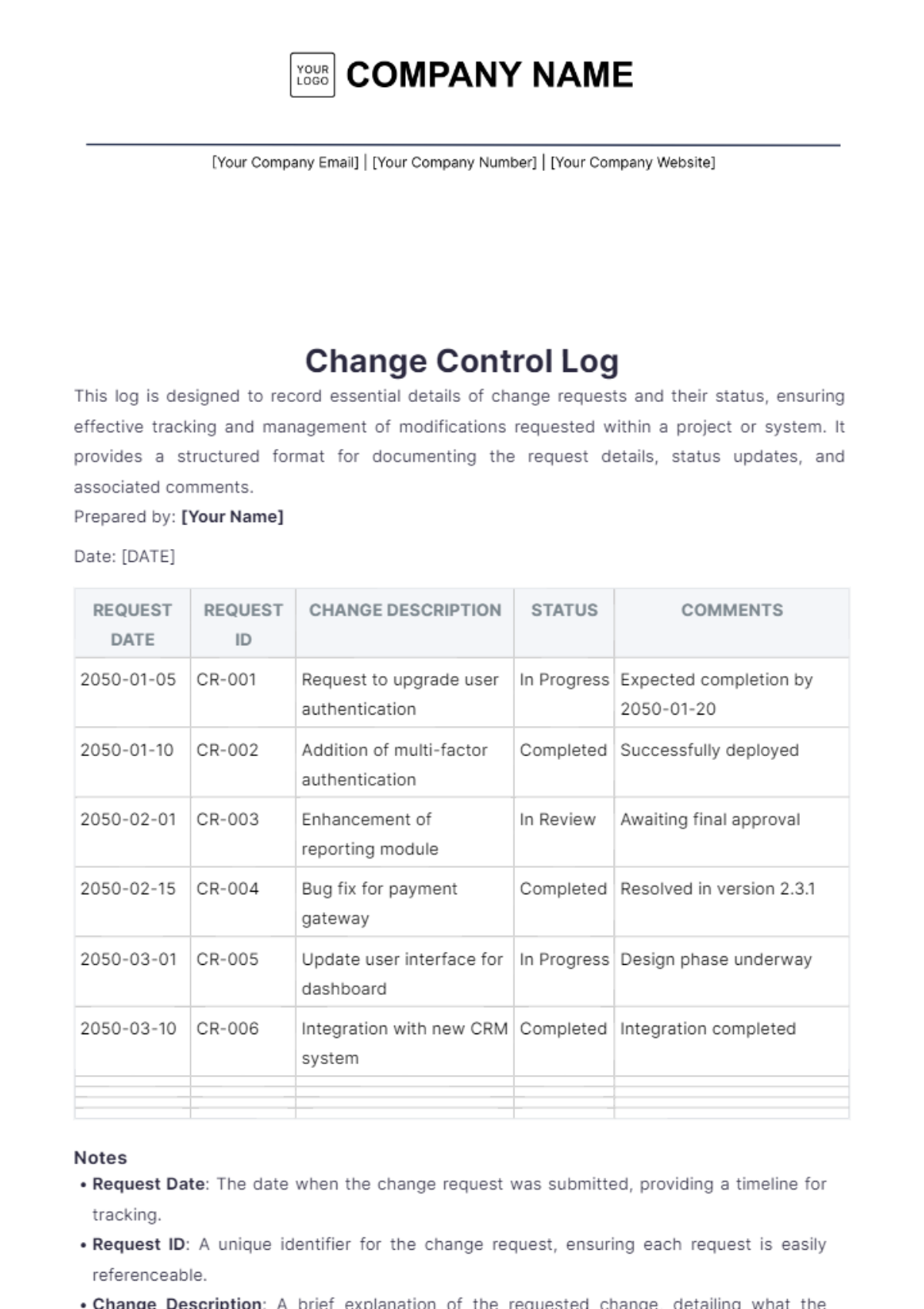 Change Control Log Template - Edit Online & Download