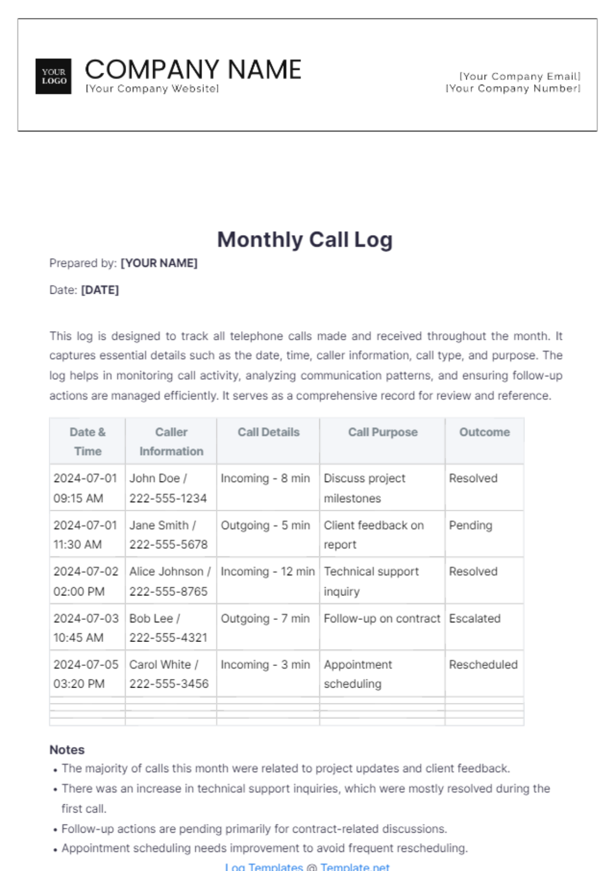 Monthly Call Log Template - Edit Online & Download