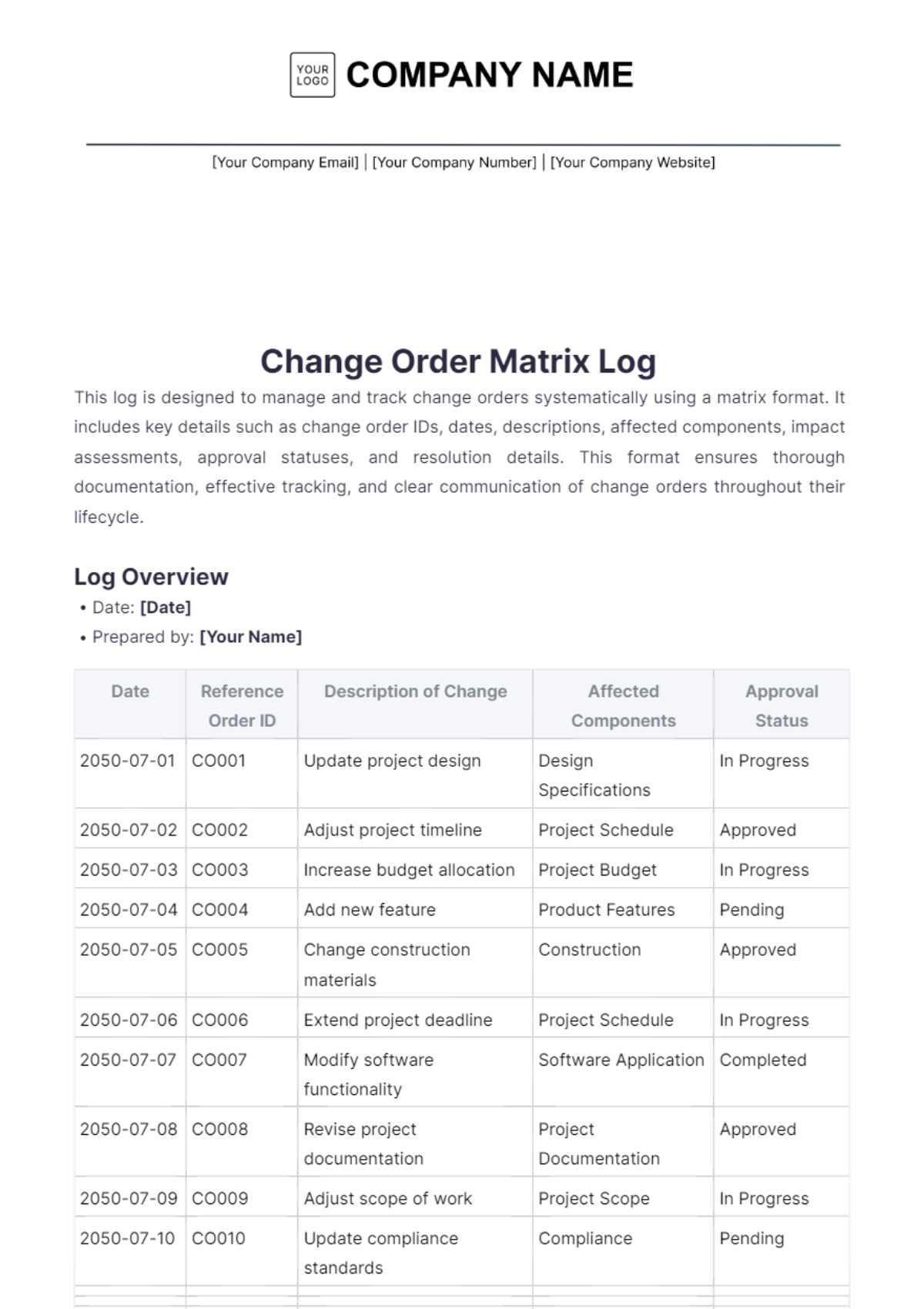 Change Order Matrix Log Template - Edit Online & Download