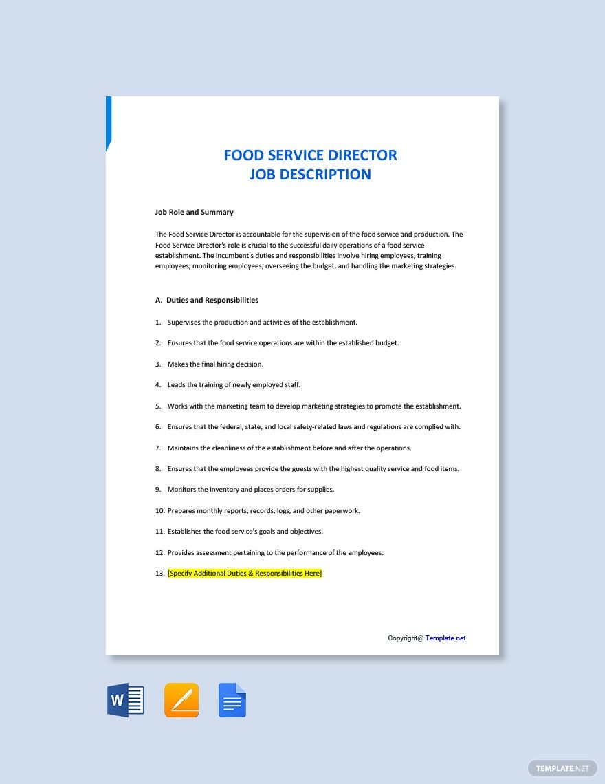 Free Food Service Director Job Ad Description Template Google Docs 