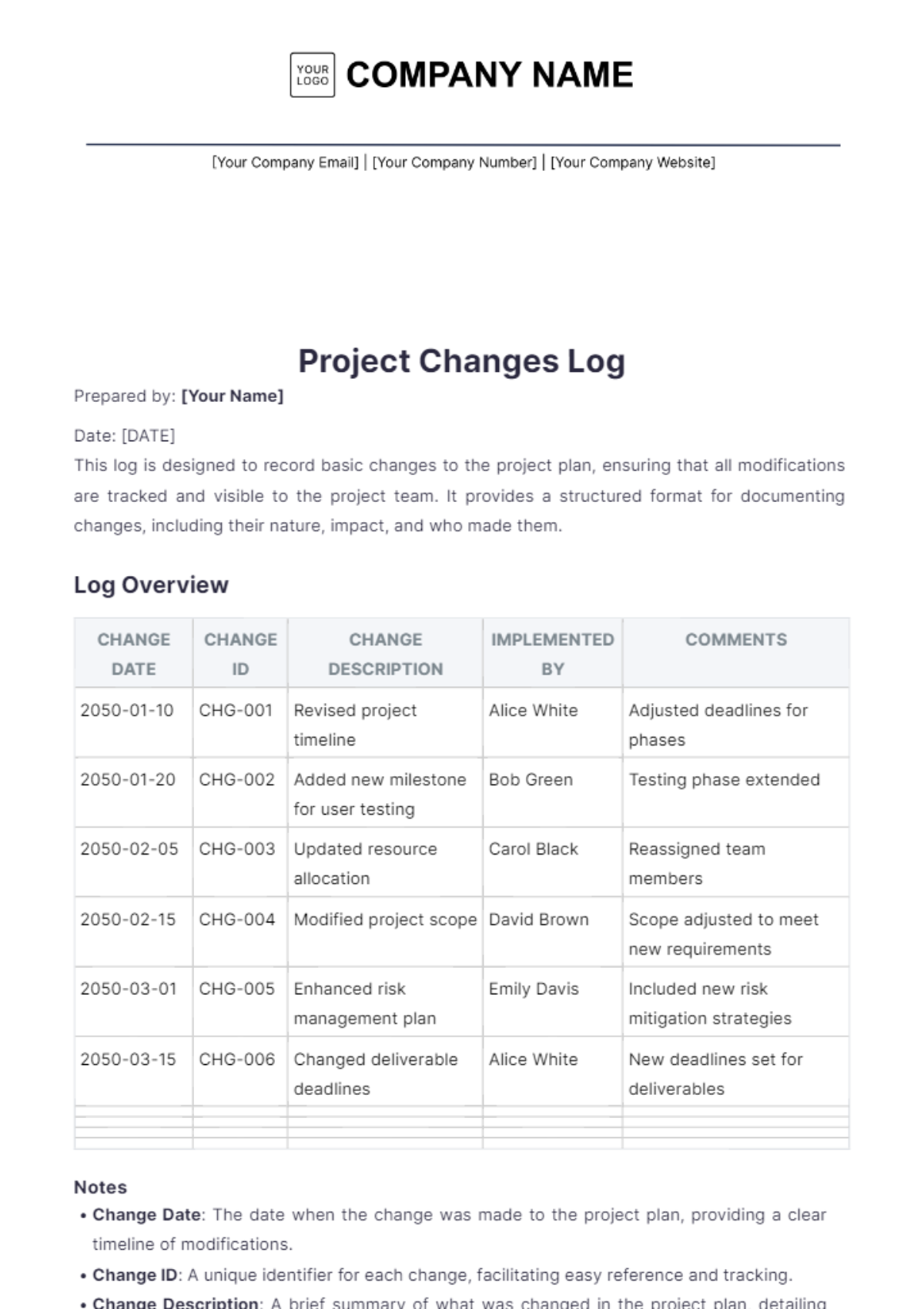 Project Change Log Template - Edit Online & Download