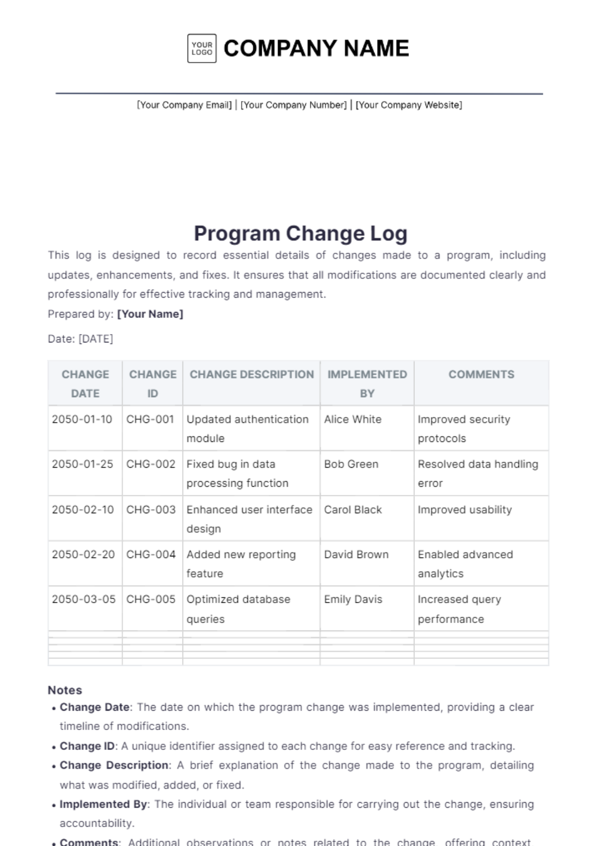 Program Change Log Template - Edit Online & Download