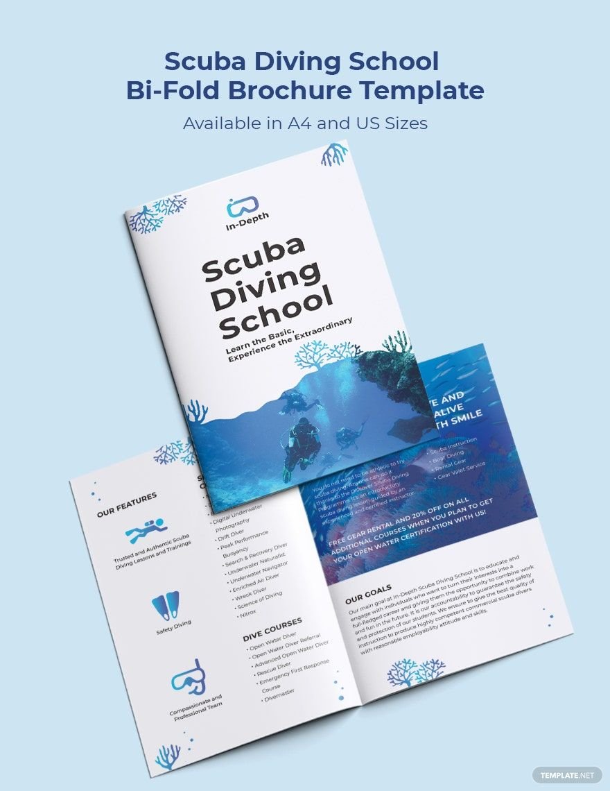 Scuba Diving School Bi-Fold Brochure Template in Word, Google Docs, Illustrator, PSD, Apple Pages, Publisher