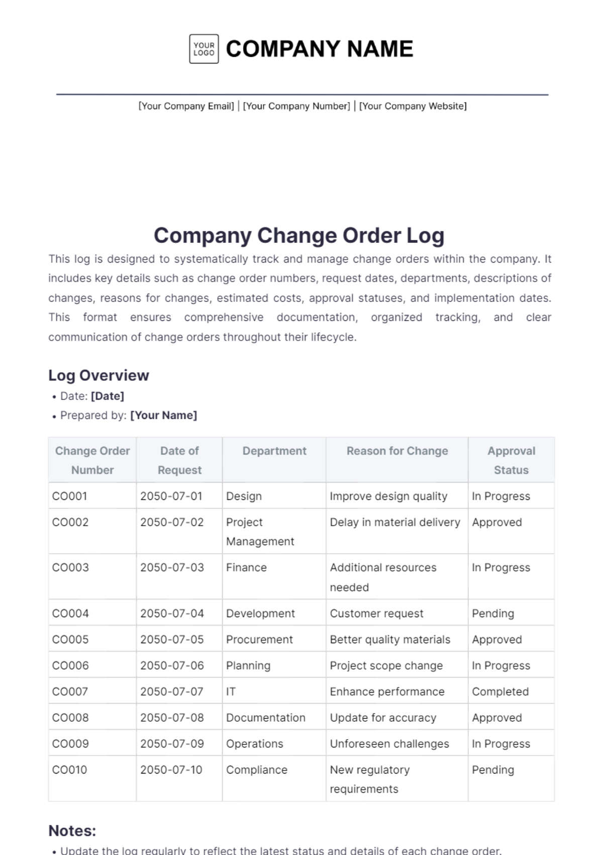 Company Change Order Log Template - Edit Online & Download