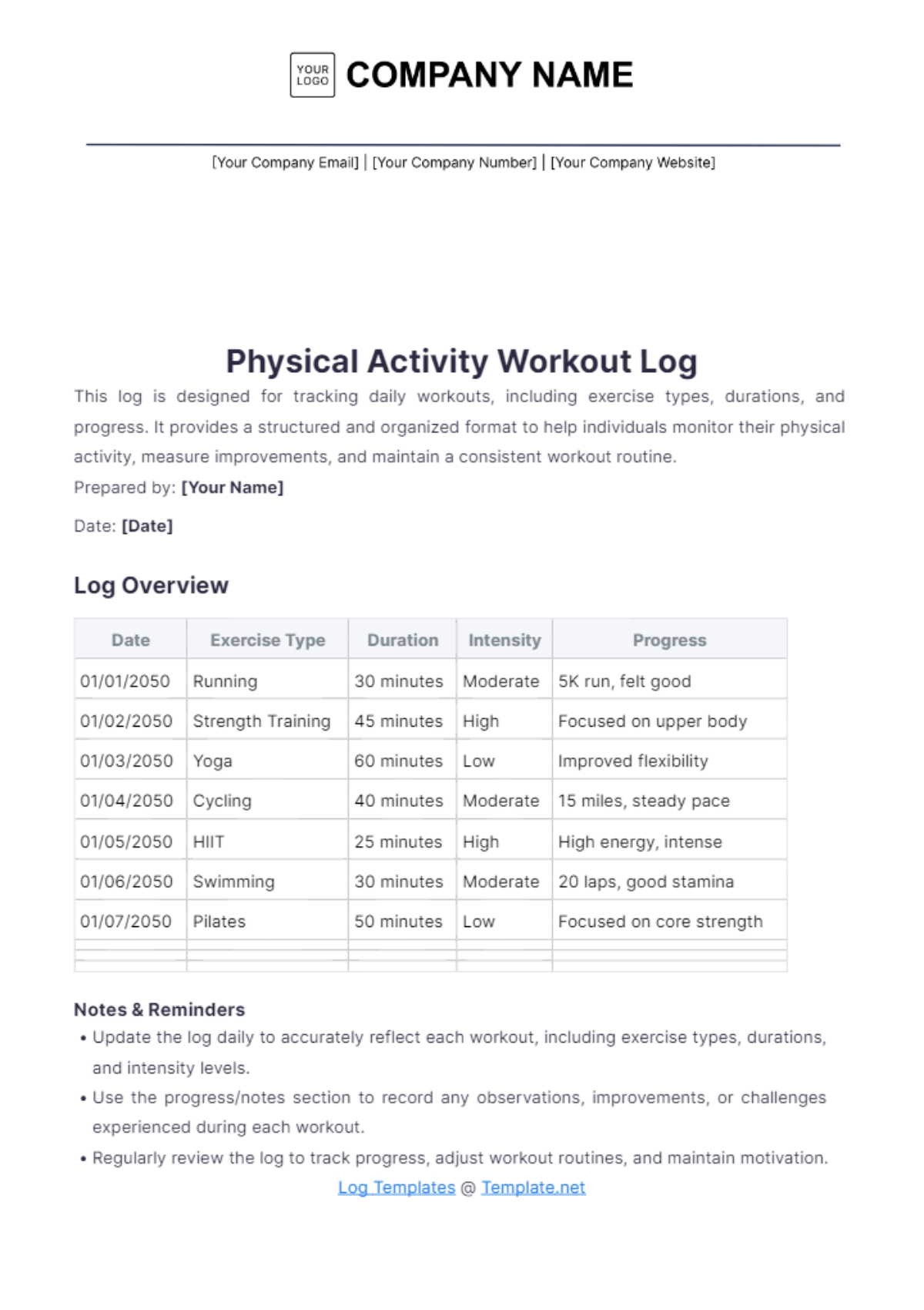 Physical Activity Workout Log Template - Edit Online & Download