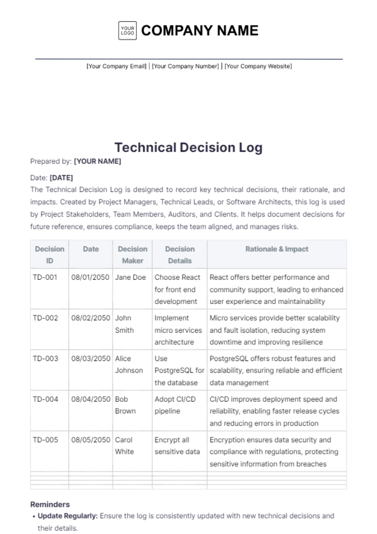 Technical Decision Log Template - Edit Online & Download