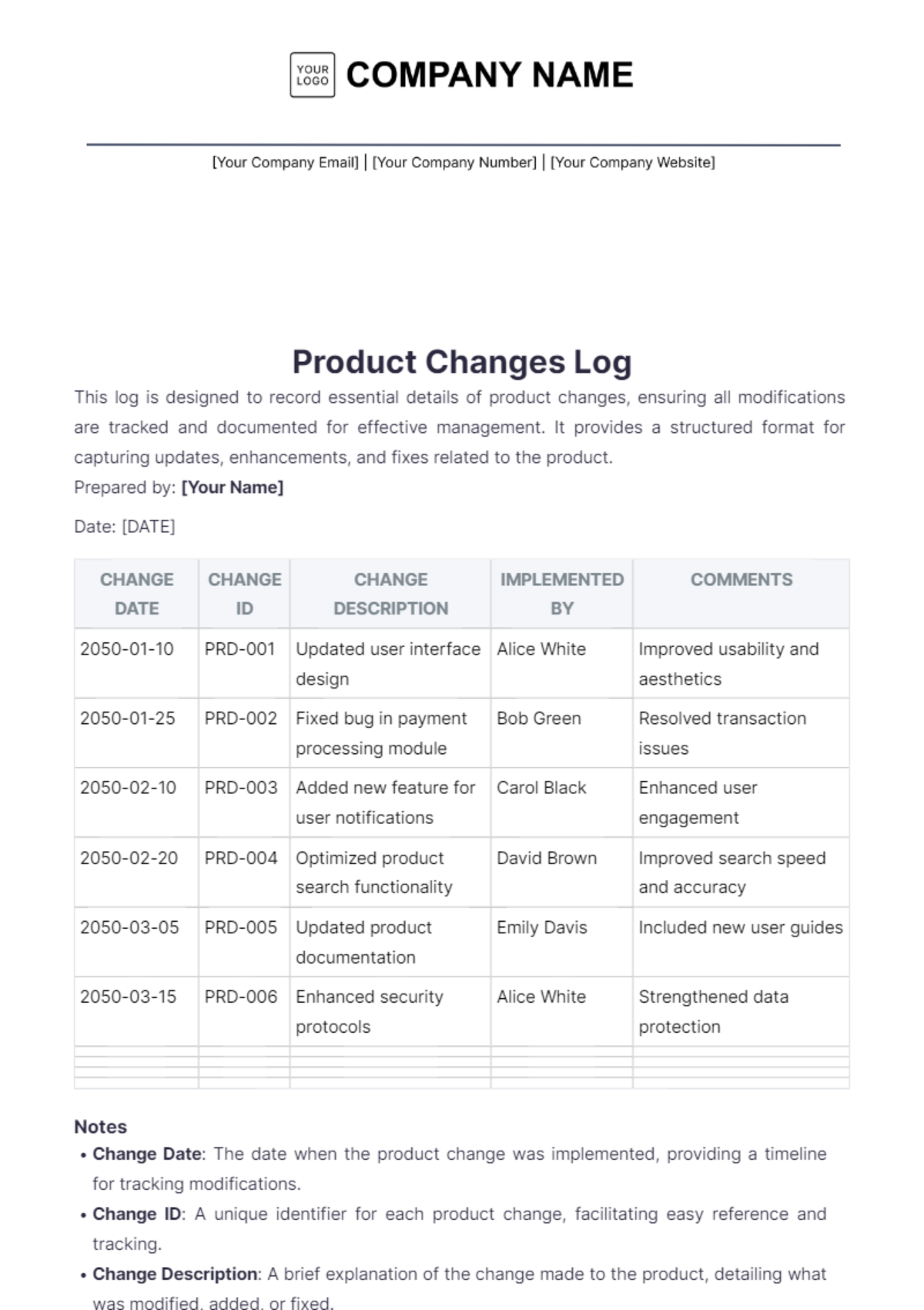 Product Change Log Template - Edit Online & Download