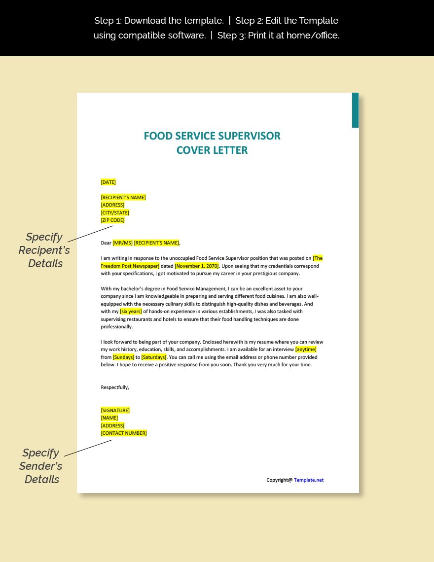 Food Service Supervisor Cover Letter