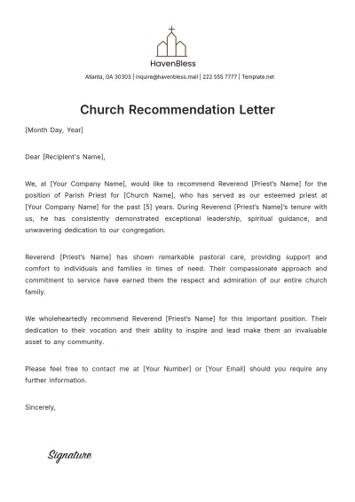 Free Church Recommendation Letter Template to Edit Online