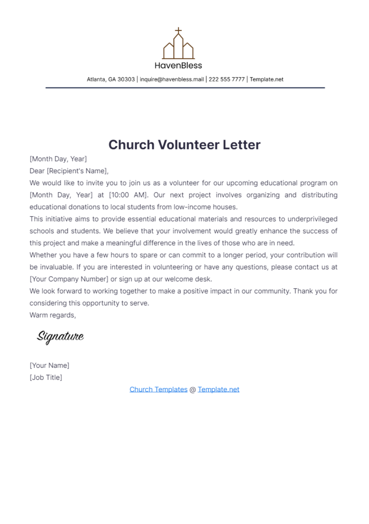 Church Volunteer Letter Template - Edit Online & Download