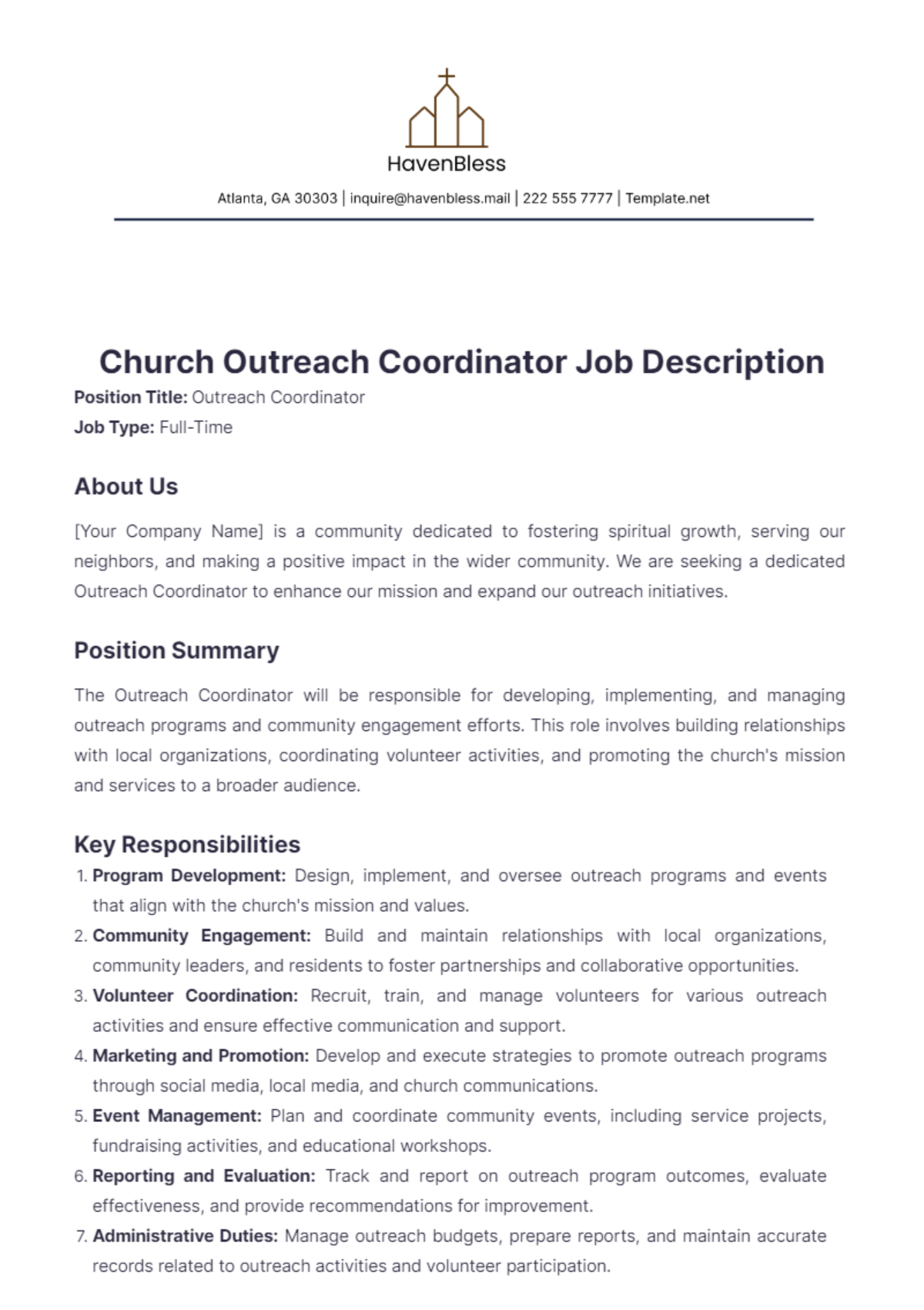 Church Outreach Coordinator Job Description Template - Edit Online & Download