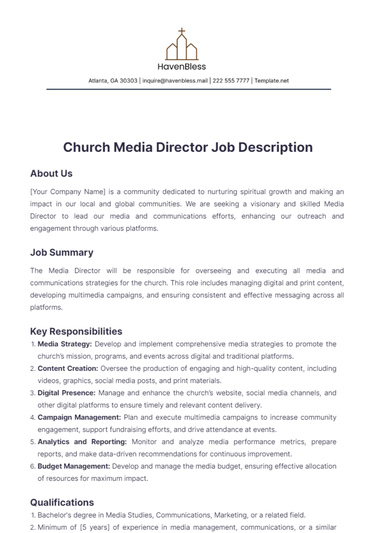 Church Media Director Job Description Template - Edit Online & Download