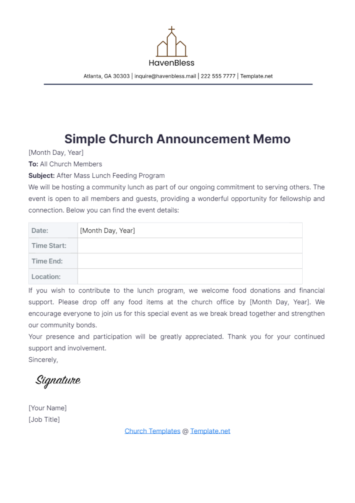 Simple Church Announcement Memo Template - Edit Online & Download