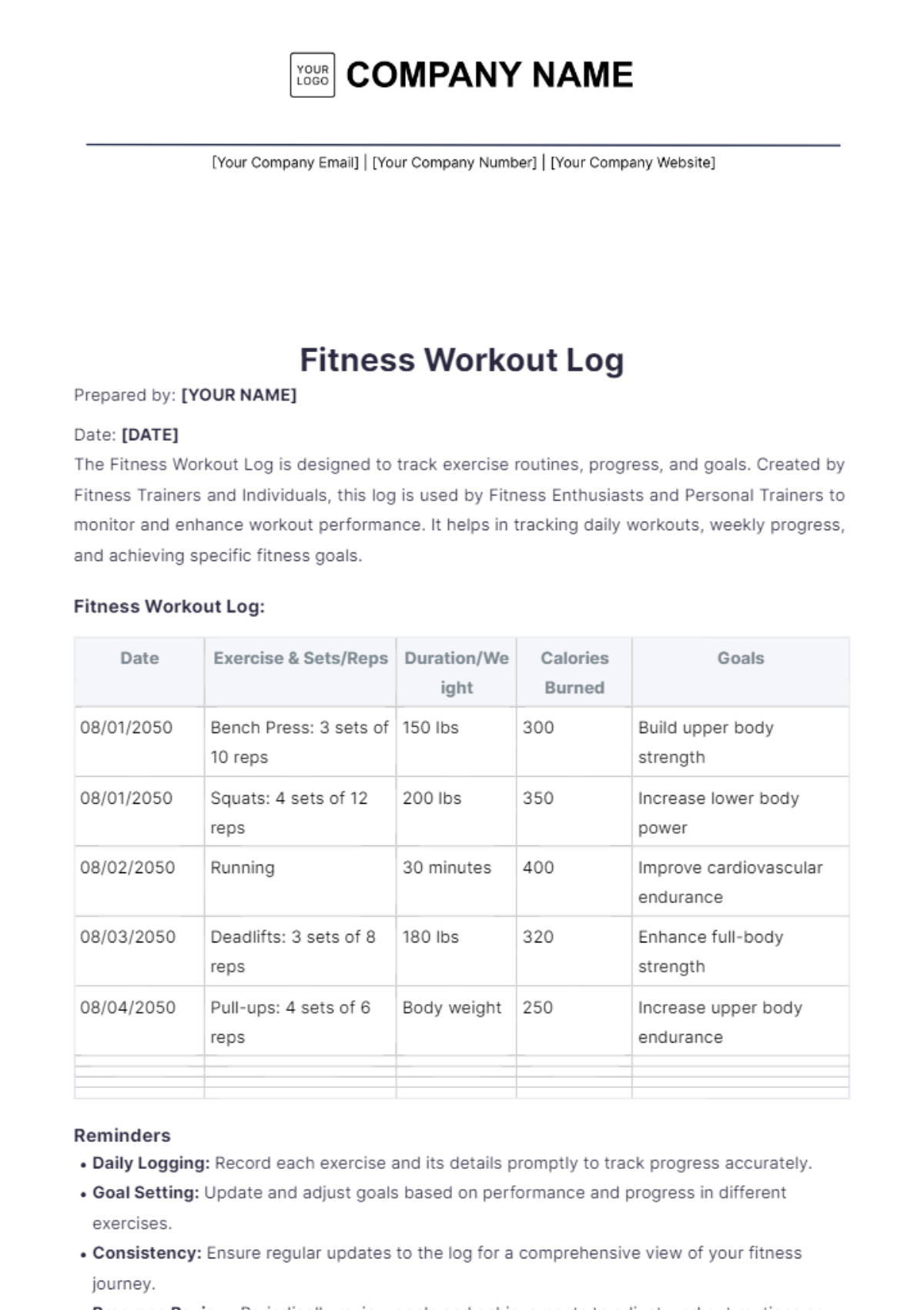 Fitness Workout Log Template - Edit Online & Download