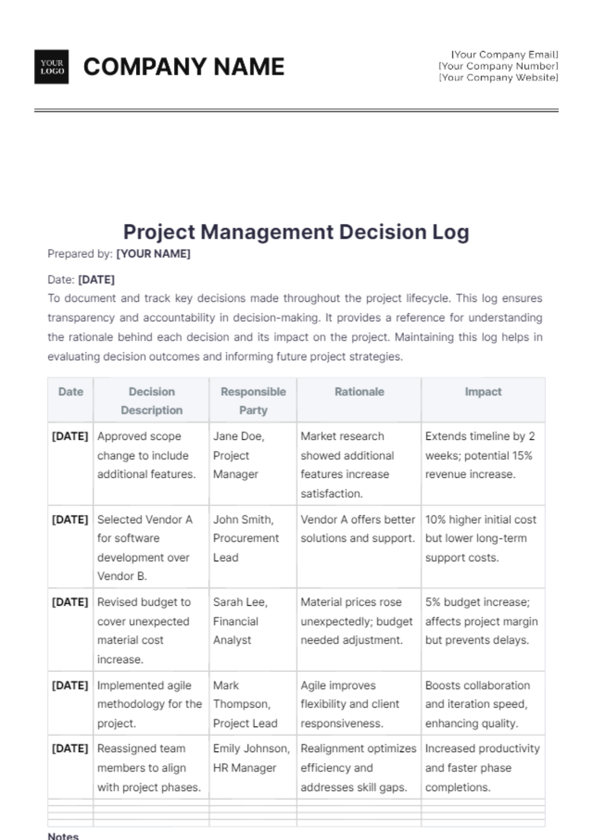 Project Management Decision Log Template - Edit Online & Download