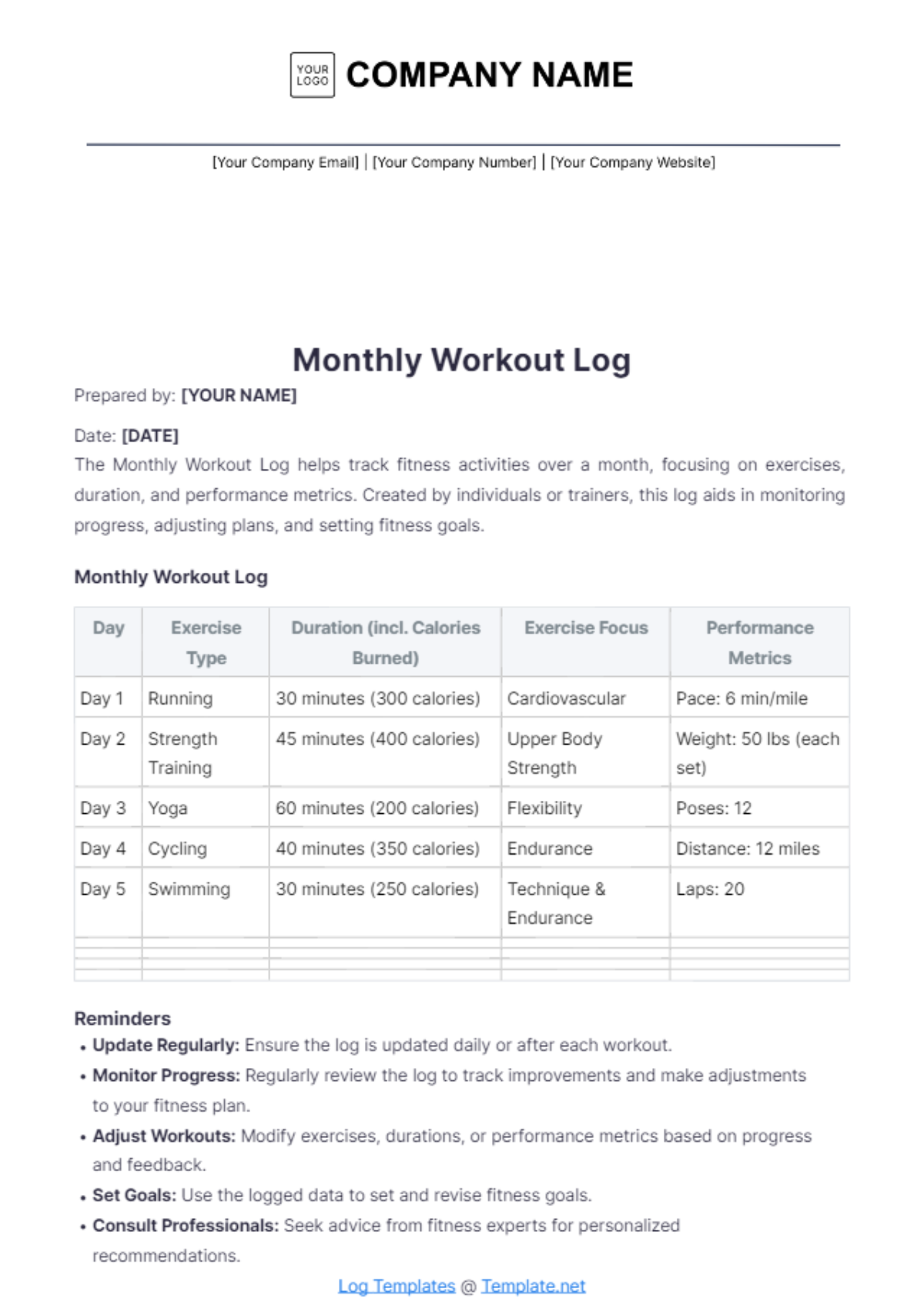 Monthly Workout Log Template - Edit Online & Download