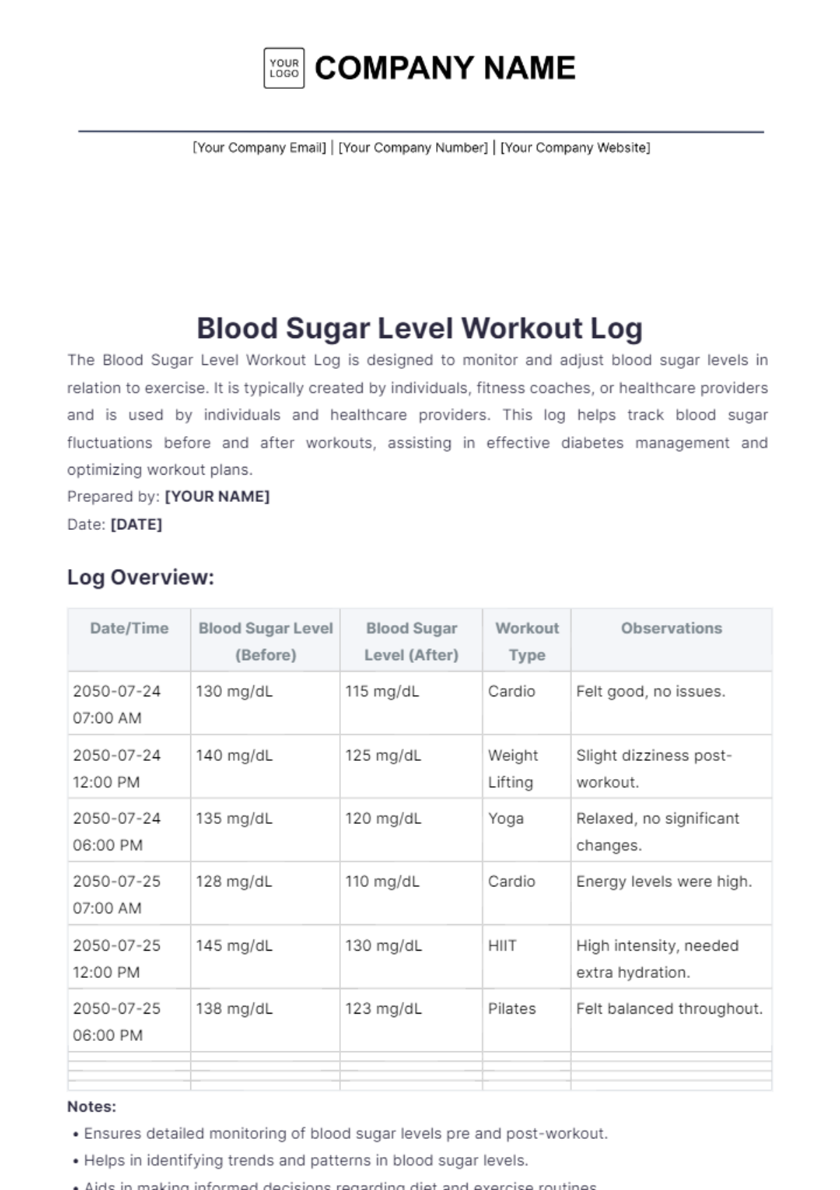 Blood Sugar Level Workout Log Template - Edit Online & Download