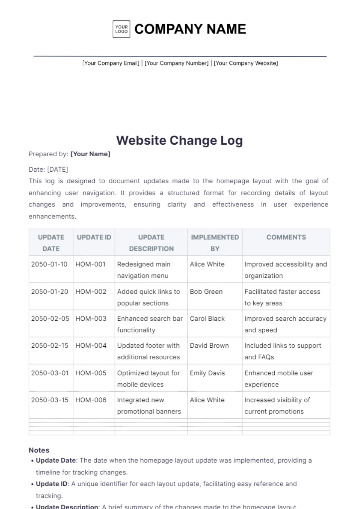 Website Change Log Template - Edit Online & Download