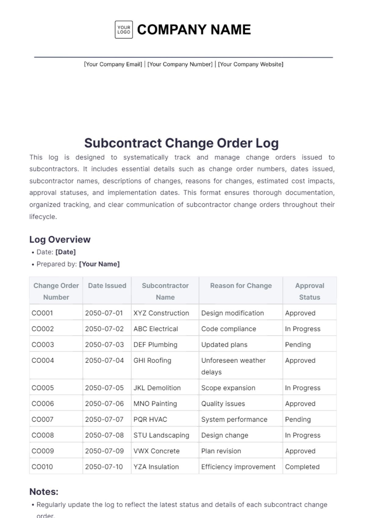 Subcontract Change Order Log Template - Edit Online & Download