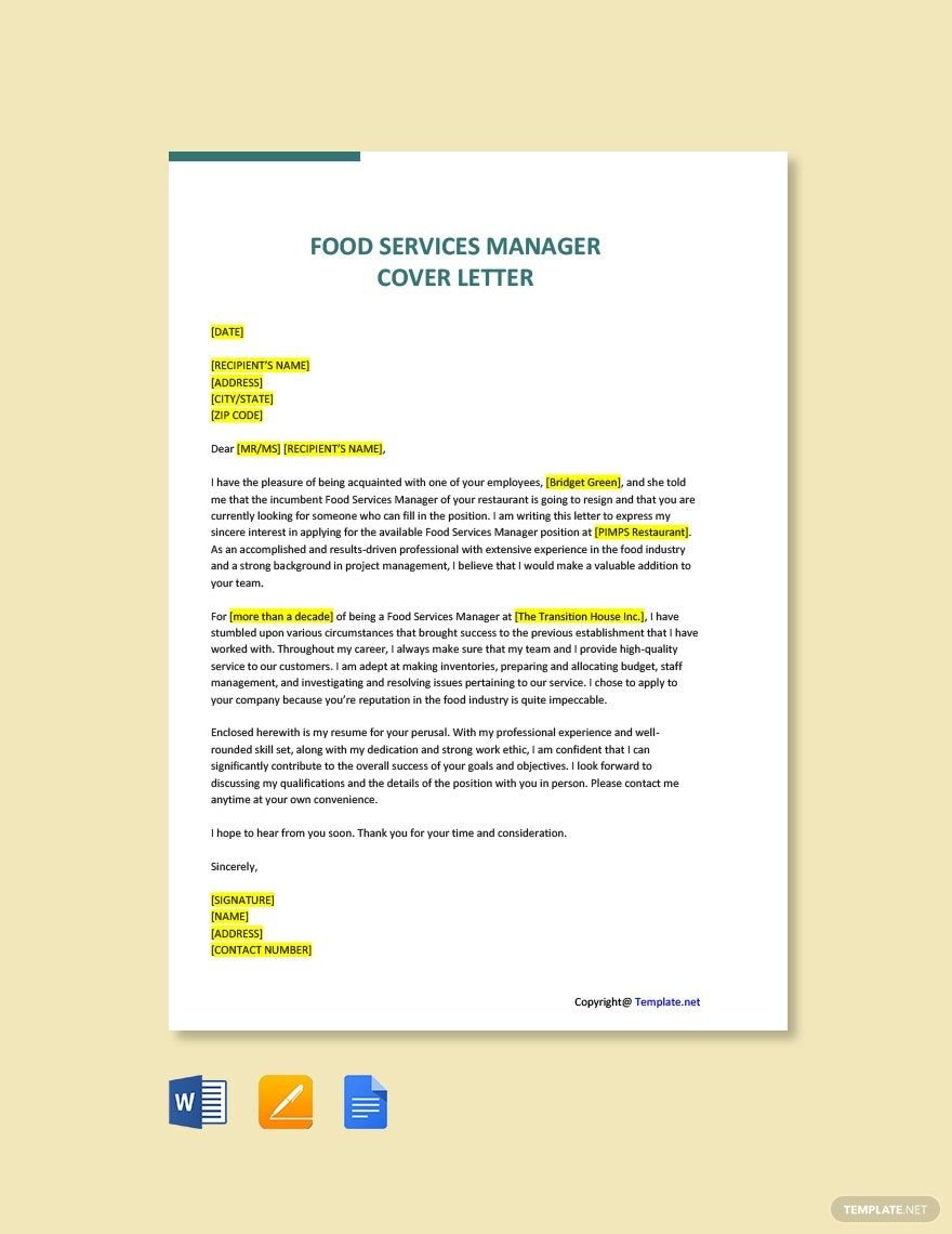 Food Services Manager Cover Letter