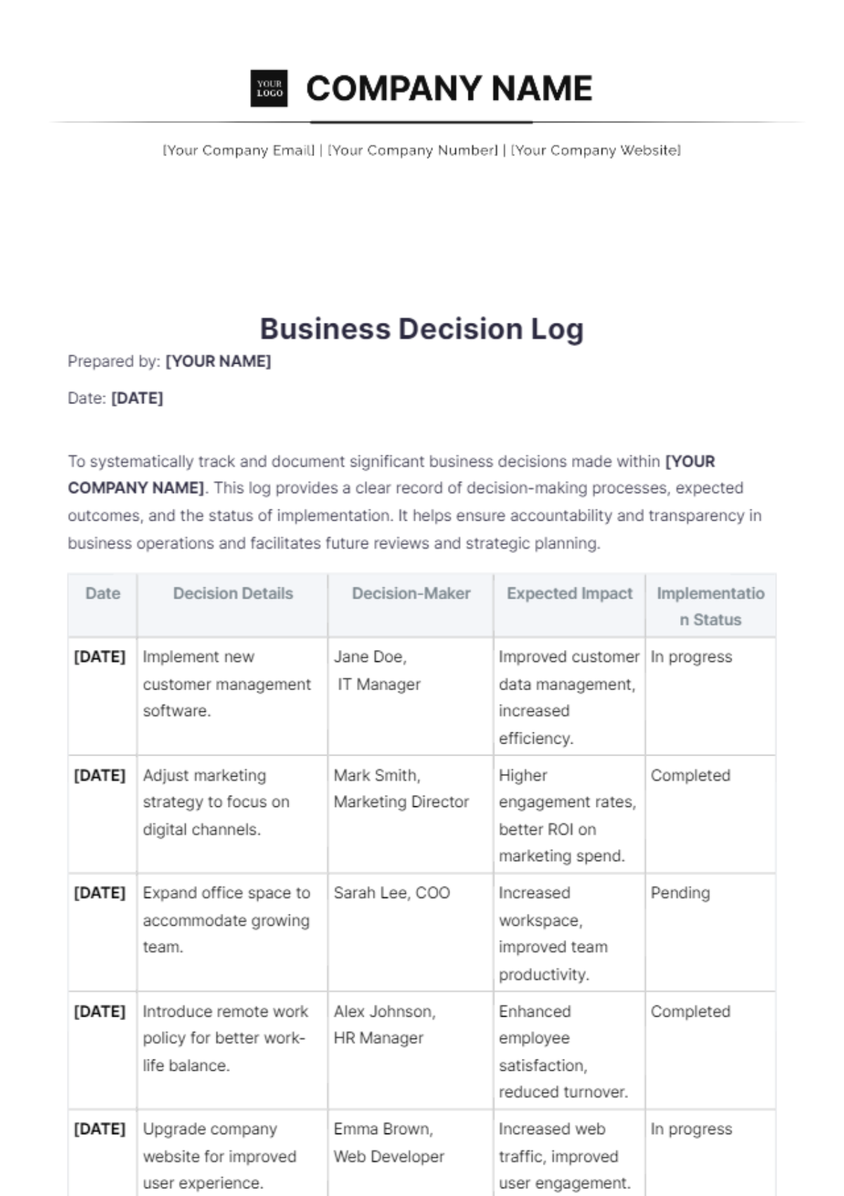 Business Decision Log Template - Edit Online & Download