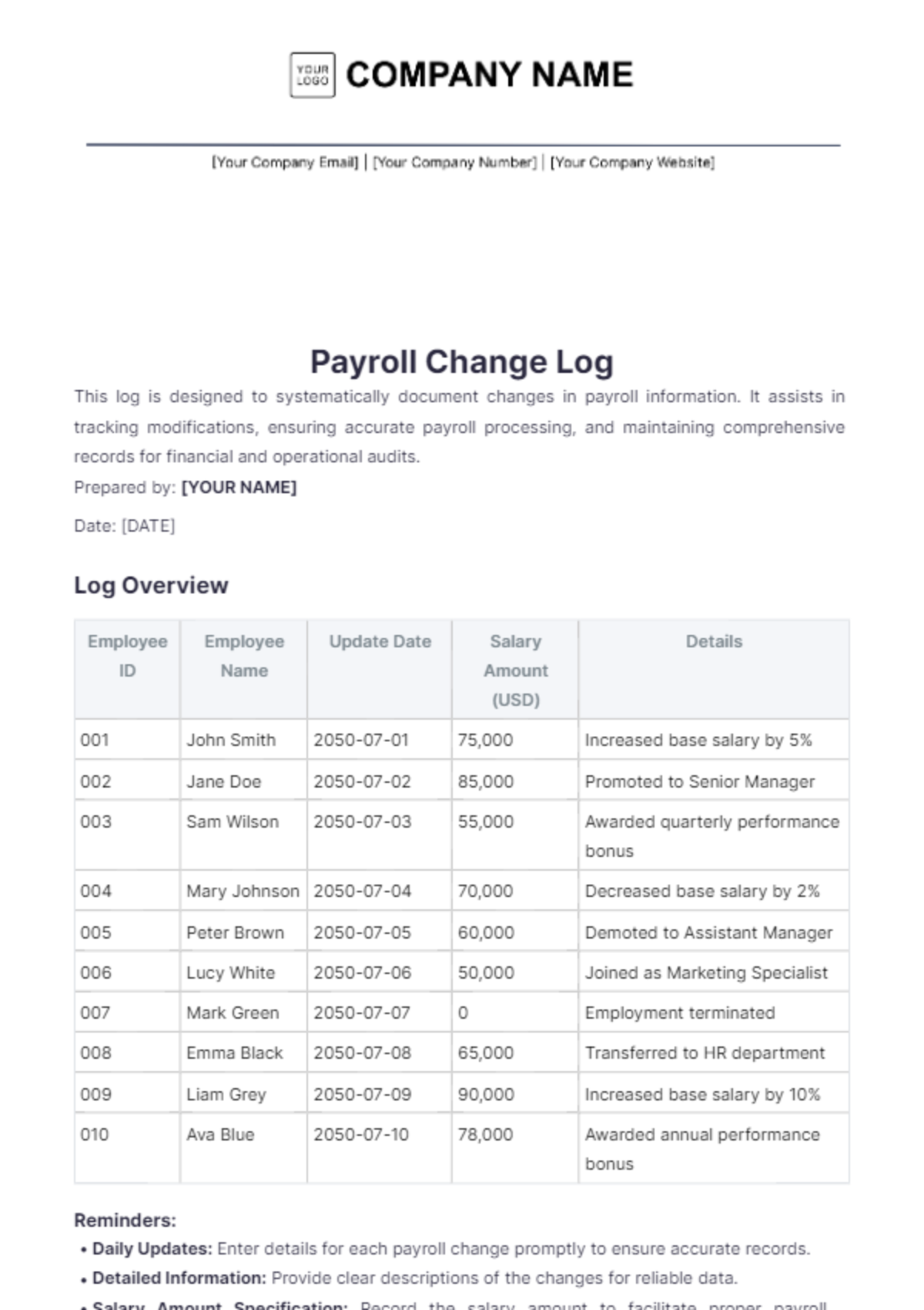 Payroll Change Log Template - Edit Online & Download