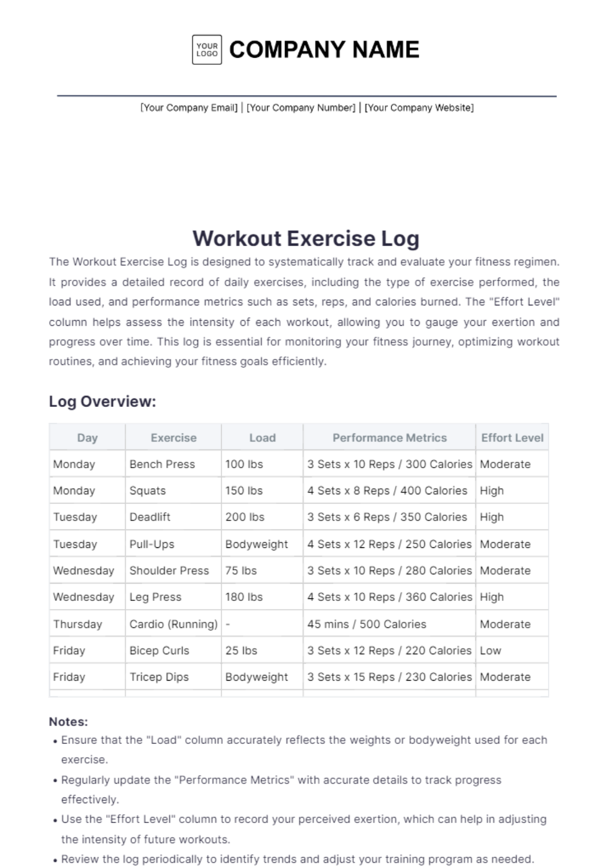 Workout Exercise Log Template - Edit Online & Download