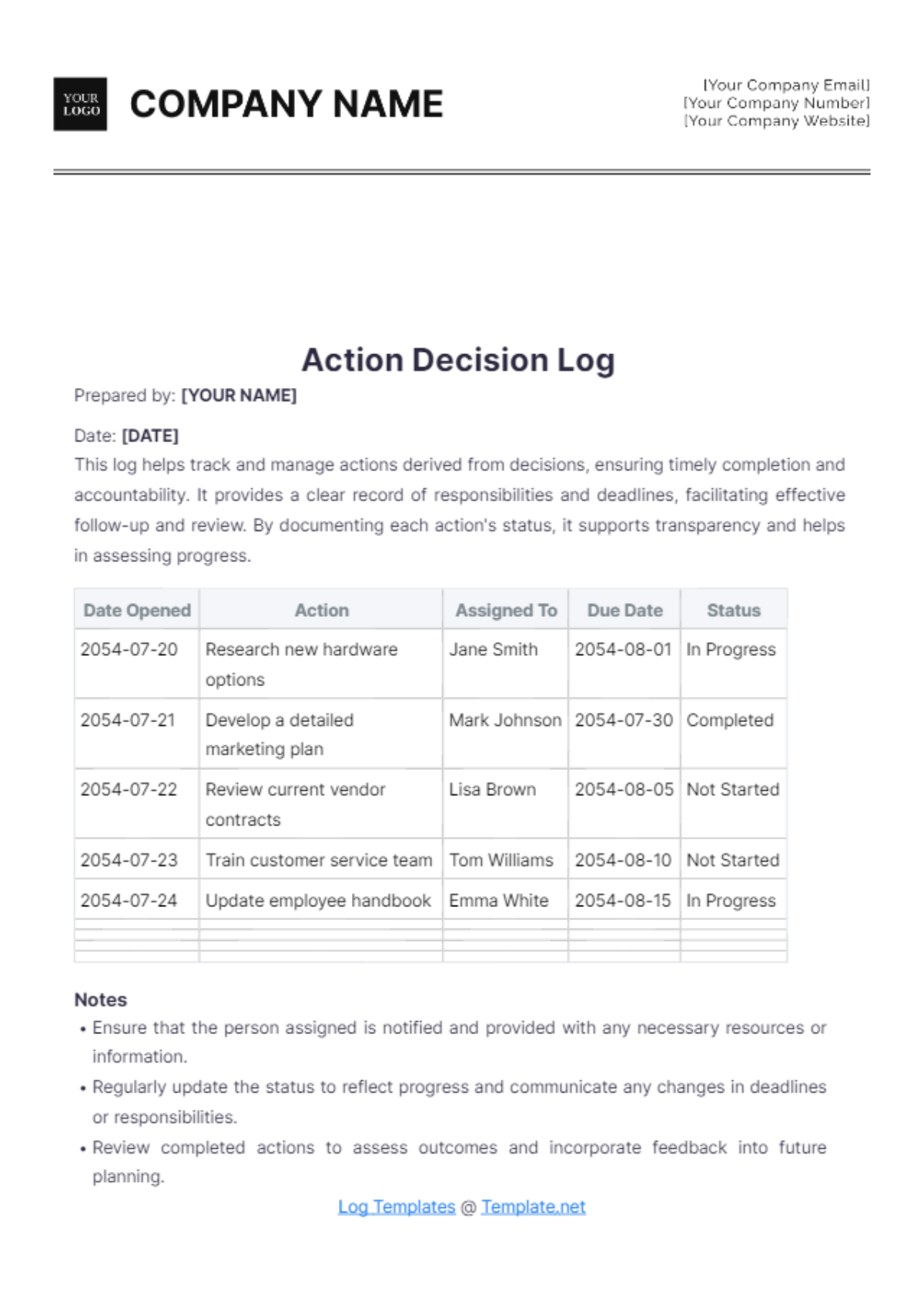 Action Decision Log Template - Edit Online & Download