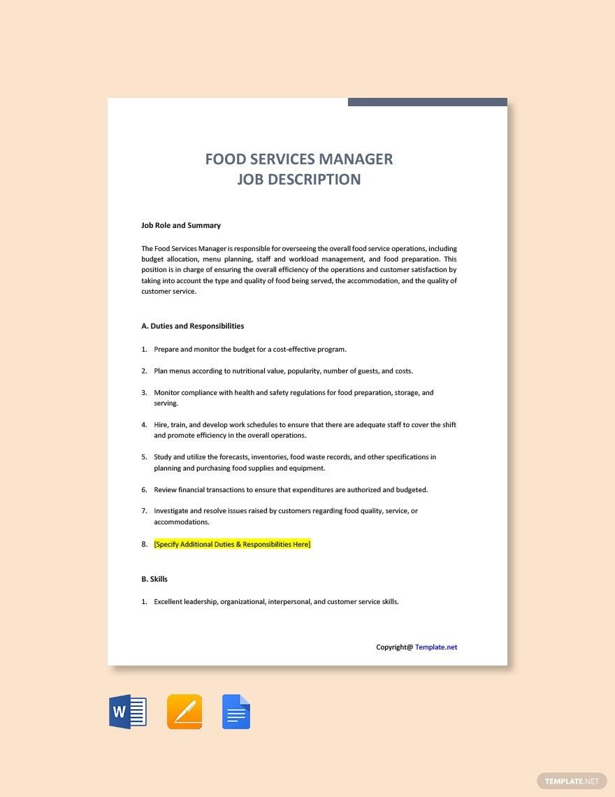 Free Food Services Manager Job Description Template
