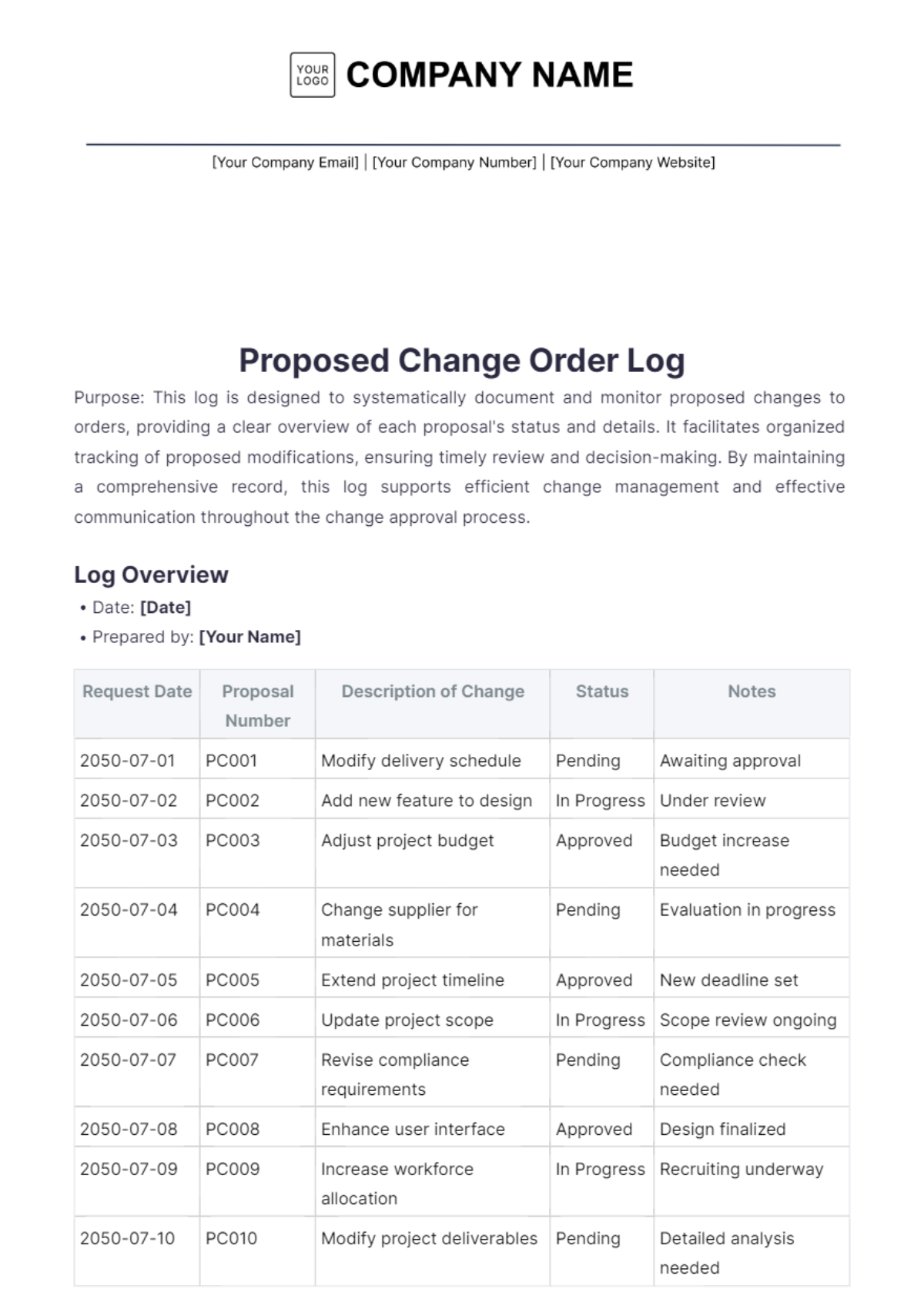 Proposed Change Order Log Template - Edit Online & Download