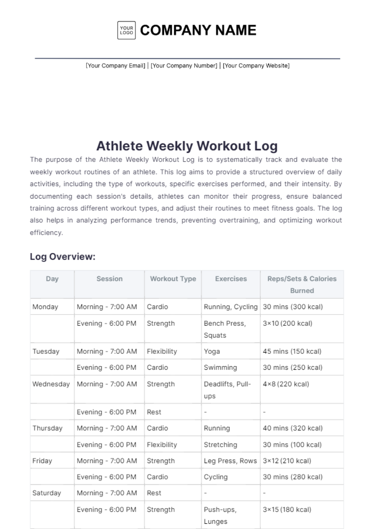 Athlete Weekly Workout Log Template - Edit Online & Download