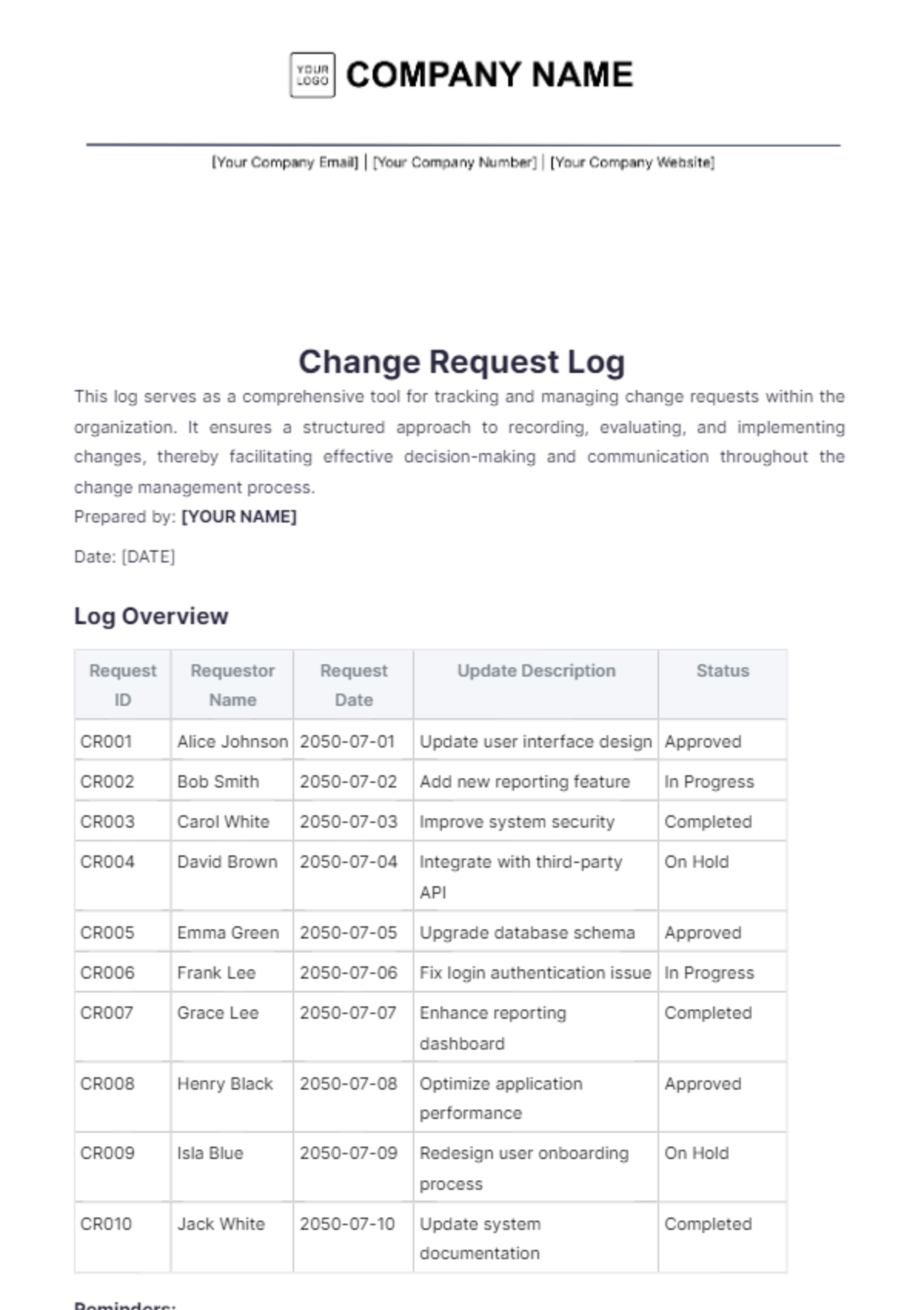 Change Request Log Template - Edit Online & Download