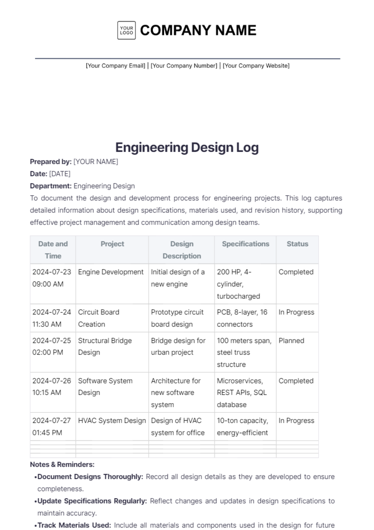 Engineering Design Log Template - Edit Online & Download